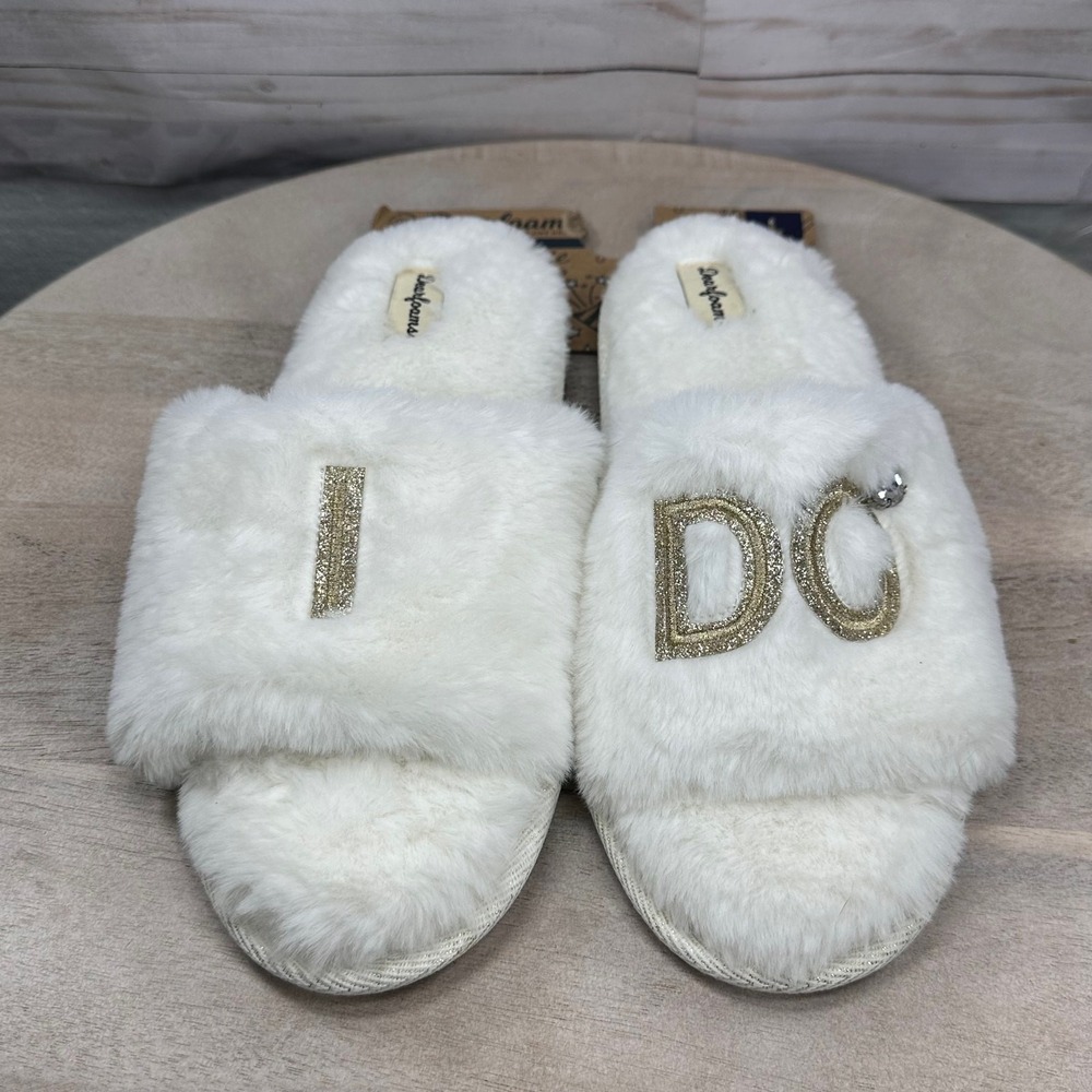 Dearfoams Wedding "I Do" Faux-Fur Bridal Womens Slide Slippers Size L  New